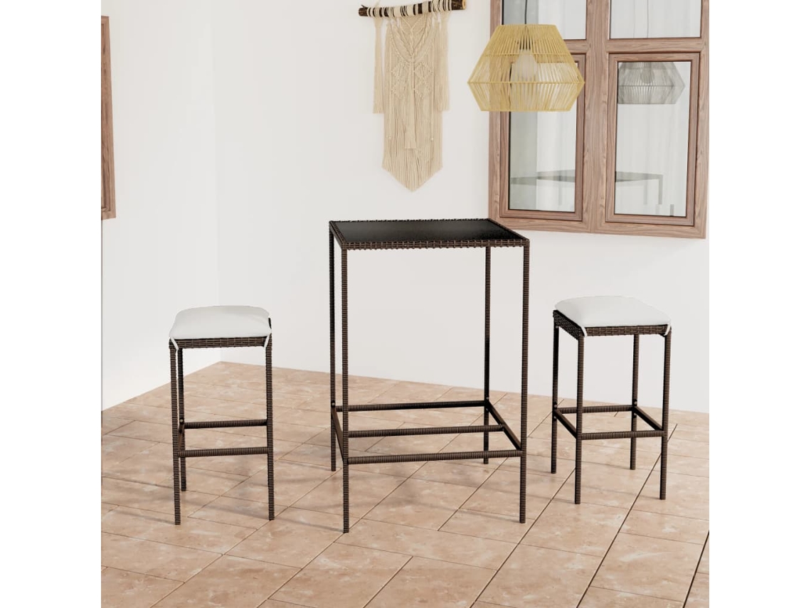 Conjunto Bar 3 Peças Para Jardim Com Almofadões Vime Pe Castanho Dkd Home Decor