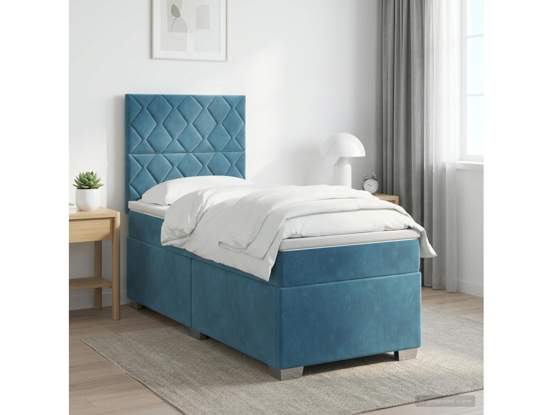 Vidaxl Cama Box Spring Com Colchão Azul 100 X 200 Cm Veludo