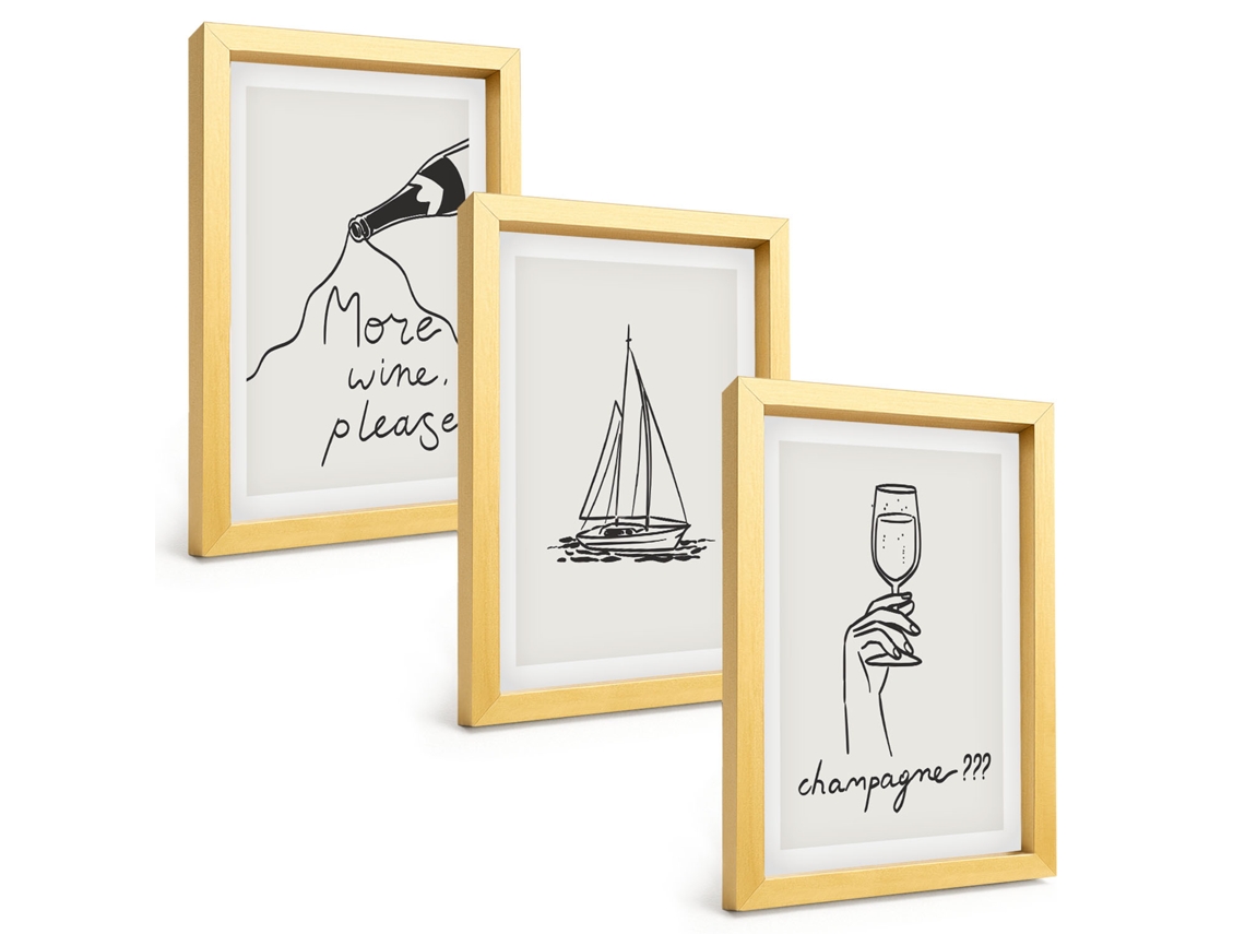 Pinturas Murais Modernasarte Linear Com Taça De Vinho E Veleiro Moldura Dourada Fotos Para O Corredor Espelharte (3 Peças 20x30 Cm)
