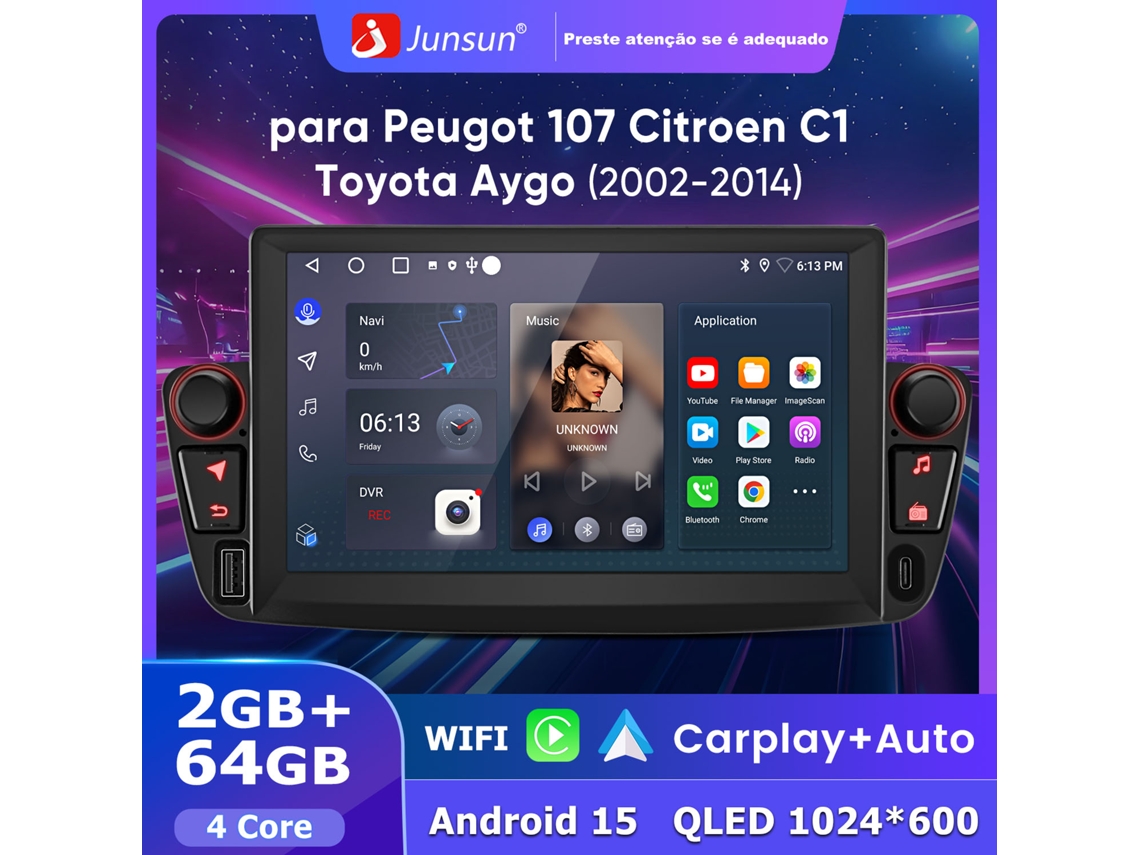 Auto Rádio Hexinex Android 15 Para Peugeot 107 Citroën C1 Toyota Aygo 2002-2014 2+64gb Wifi