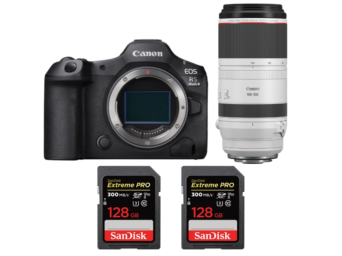 Eos R5 Mark Ii + Rf 100 500mm F/4.5 7.1 L Is Usm + 2 Sandisk 128gb Uhs ii 300mb/s + Ebook “20 Dicas para Fotos Que Impressionam” CANON