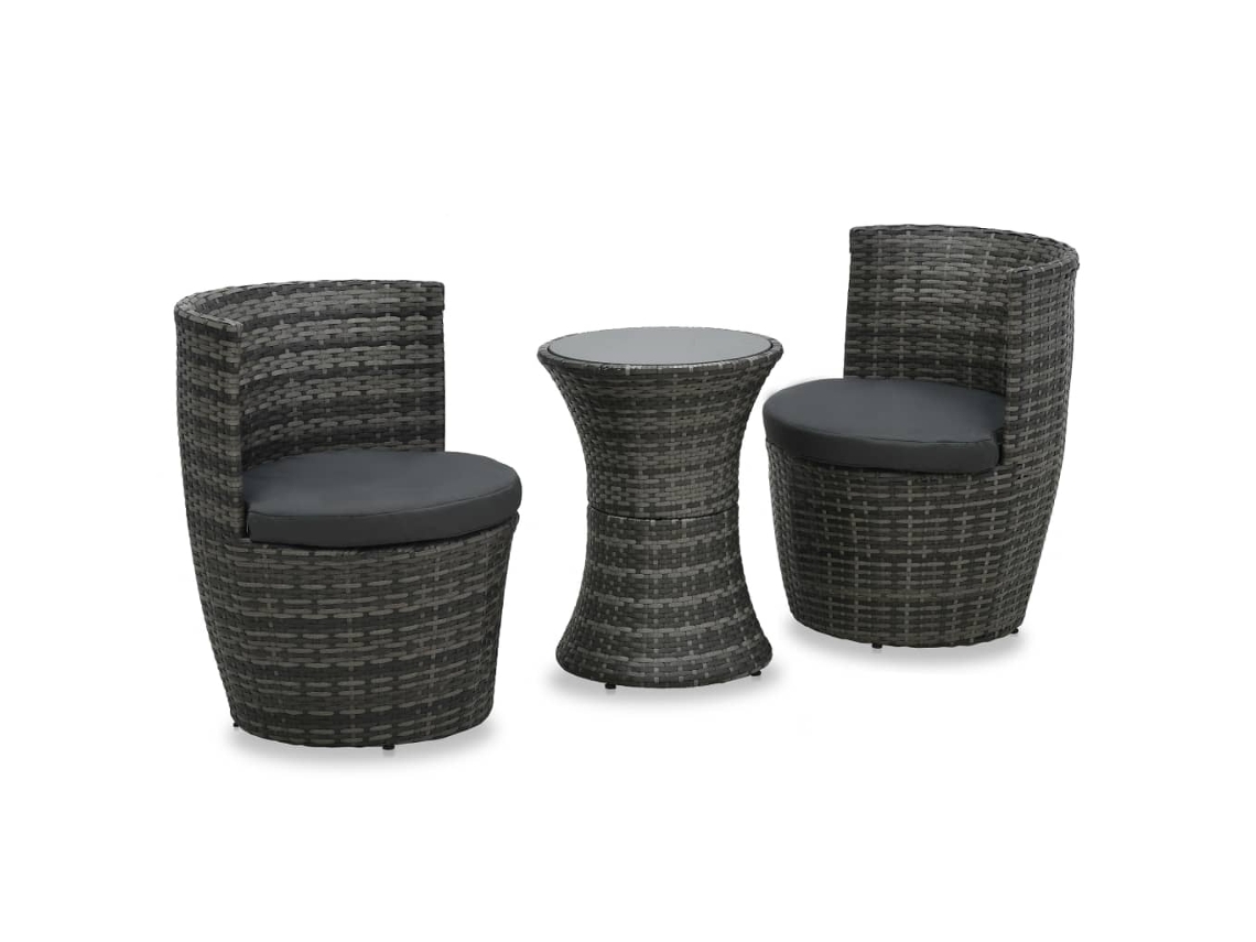Conjunto 3 Peças Bistrô Com Almofadões Vime Pe Cinzento Dkd Home Decor