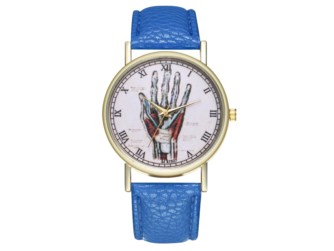 Relógio de quartzo casual unissex com pulseira de couro PU e mostrador redondo azul royal.