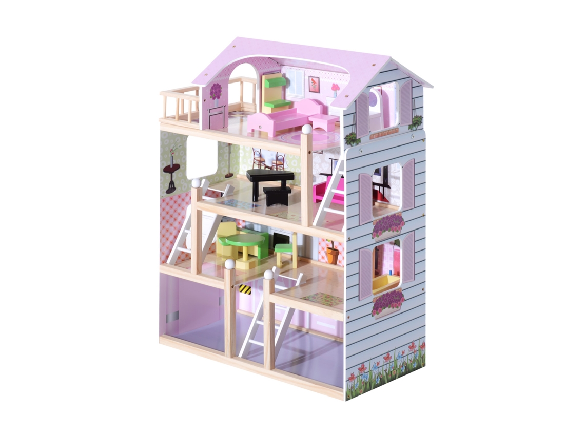 Casa de Bonecas de Madeira (jogo Imitação 4 Níveis, 13 Acessórios, 60lx30wx80h Cm, Branco e Rosa)