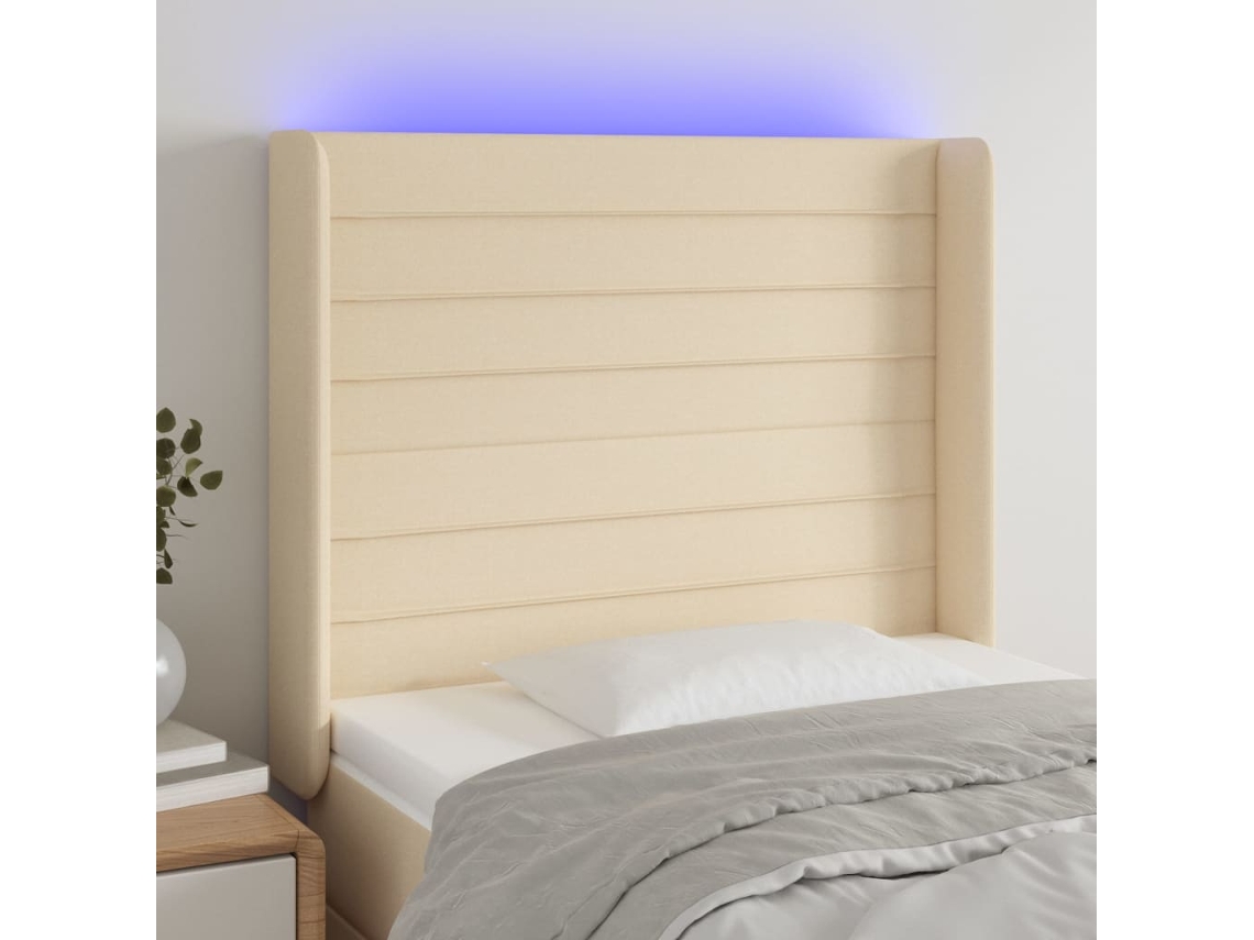 Vidaxl Cabeceira Cama C/ Luzes Led Tecido 103x16x118/128 Cm Cor Creme