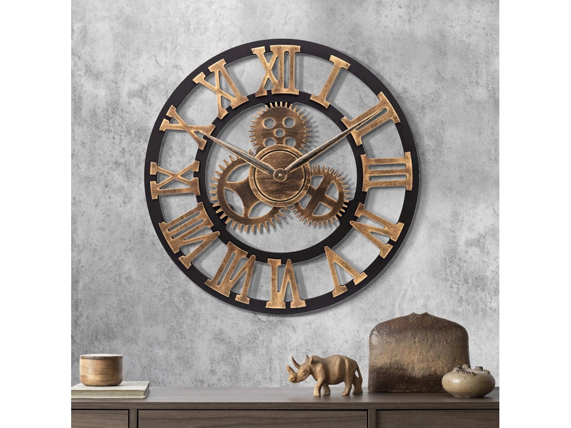 Relógio De Parede Gigante Dourado Com Engrenagens Industriais, Madeira 58cm, Quarto Silencioso Com Números Romanos Para Sala De Estar, Bar, Restaurant