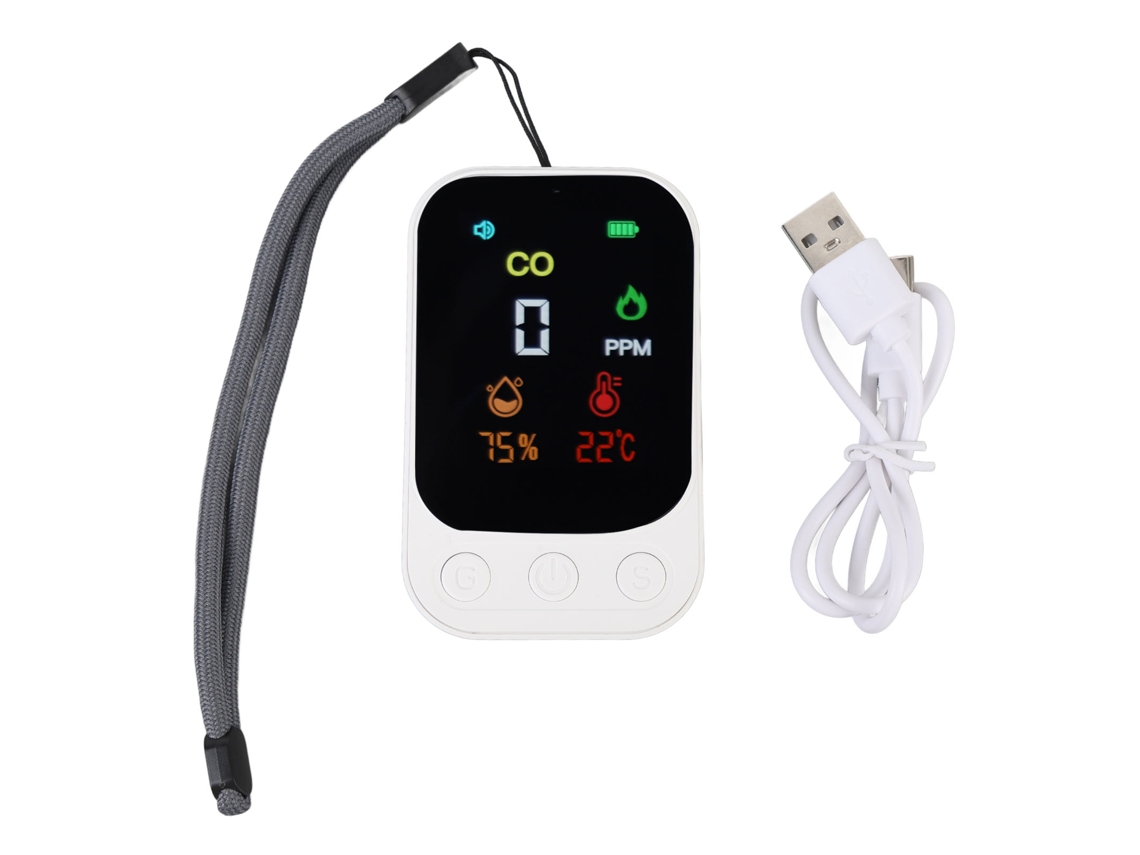 Detector De Co Portátil Multifuncional Com Temperatura E Umidade Para Exterior Dc 5v Branco