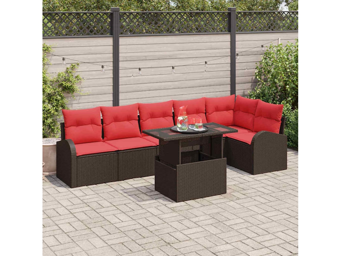 Vidaxl Conjunto De Sofá De Jardim 7 Pcs Marrom E Vermelho Vime Pe