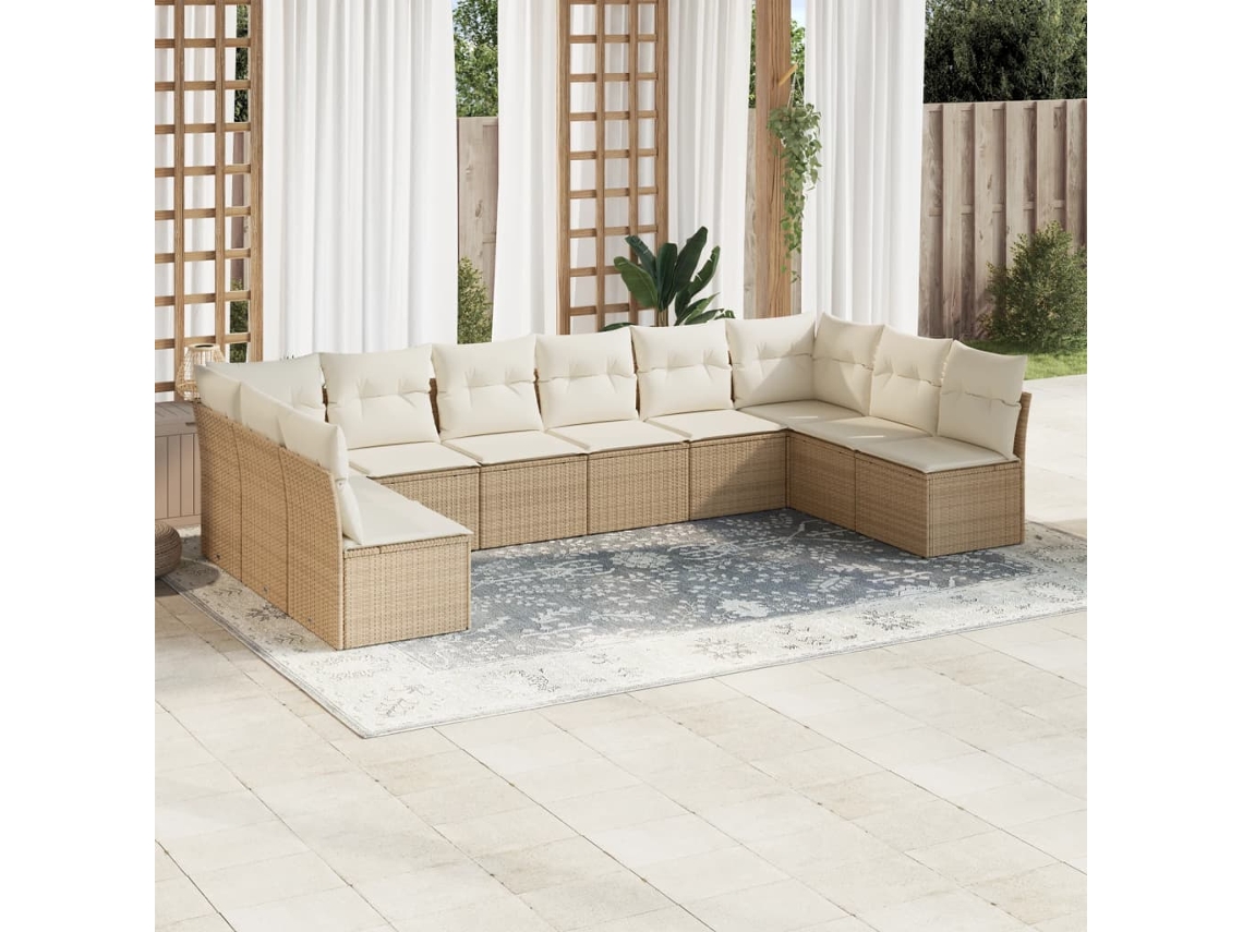 Vidaxl 10 Pcs Conjunto De Sofás P/ Jardim Com Almofadões Vime Pe Bege