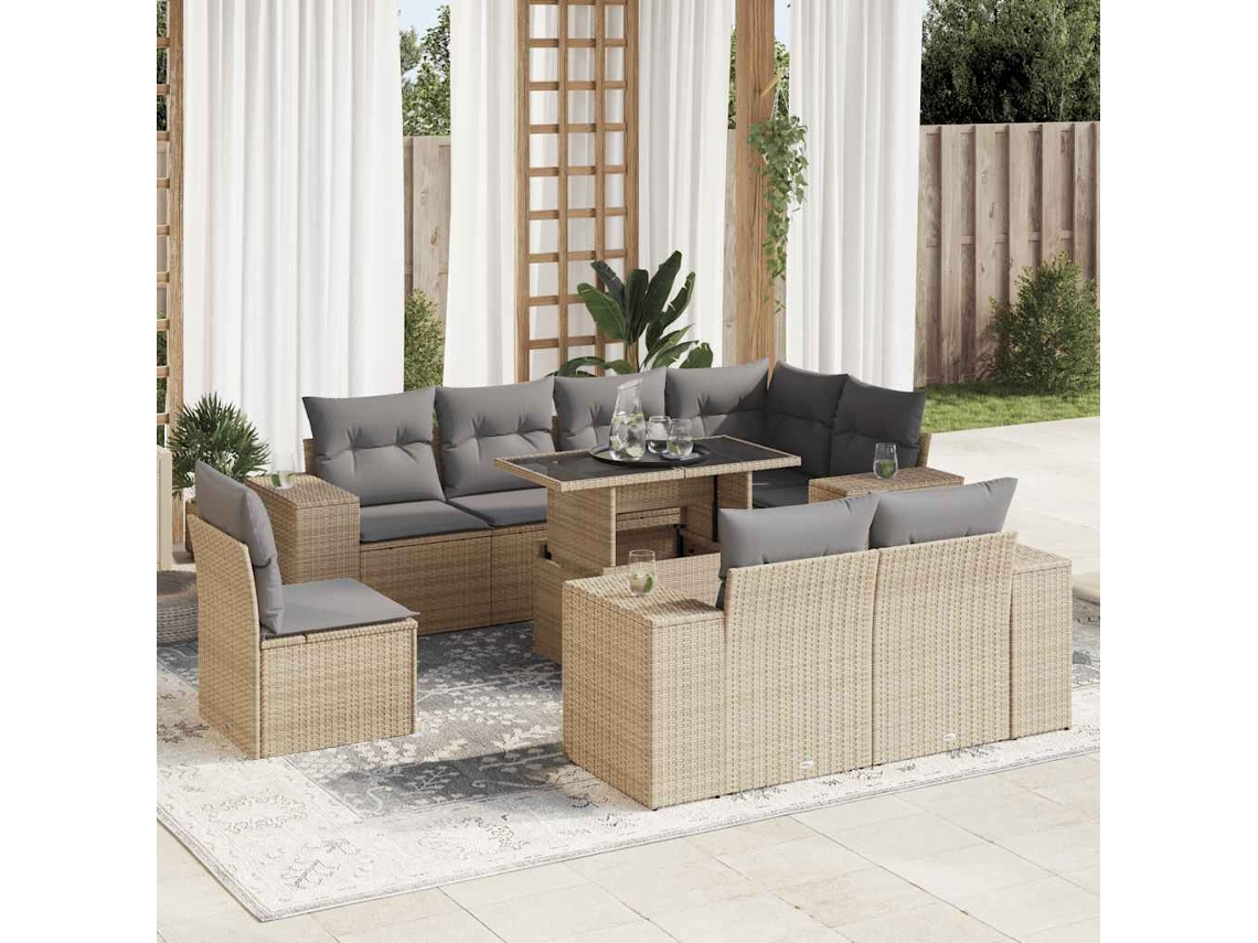Vidaxl 9 Pcs Conjunto De Sofás P/ Jardim Com Almofadões Vime Pe Bege
