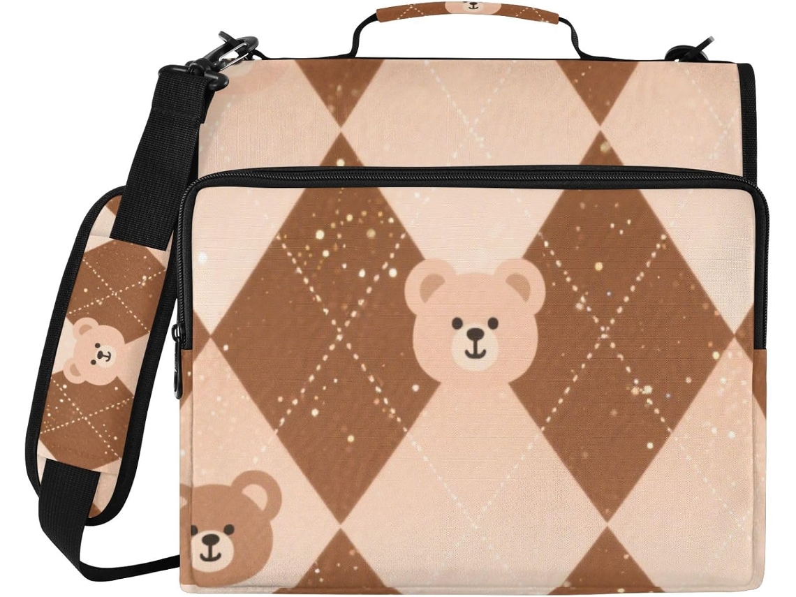 Pasta de 3 Argolas com Alça e Ombro Removível 3,8 Cm Estampa Urso Glitter Marrom 34,5 X 31,5 8,9