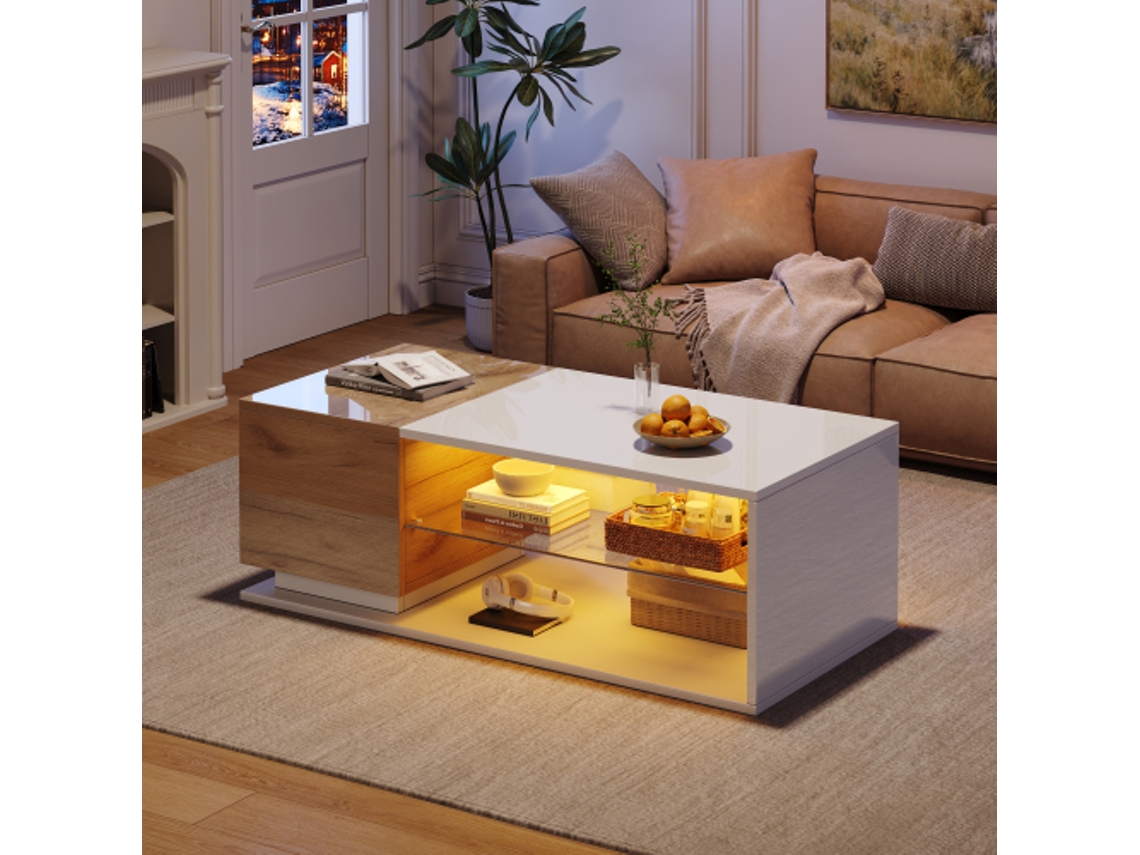 Mesa De Centro Led Com Iluminação, Acabamento Brilhante E Prateleira, Mesa De Sala Com Armazenamento, 105x50x36cm Ehstmind