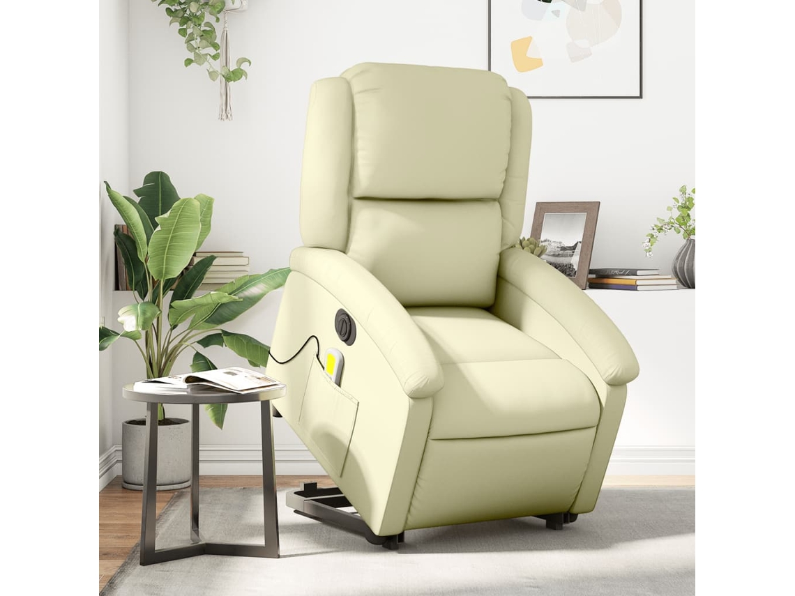 Vidaxl Poltrona Reclinável Elevatória Elétrica Couro Genuíno Creme