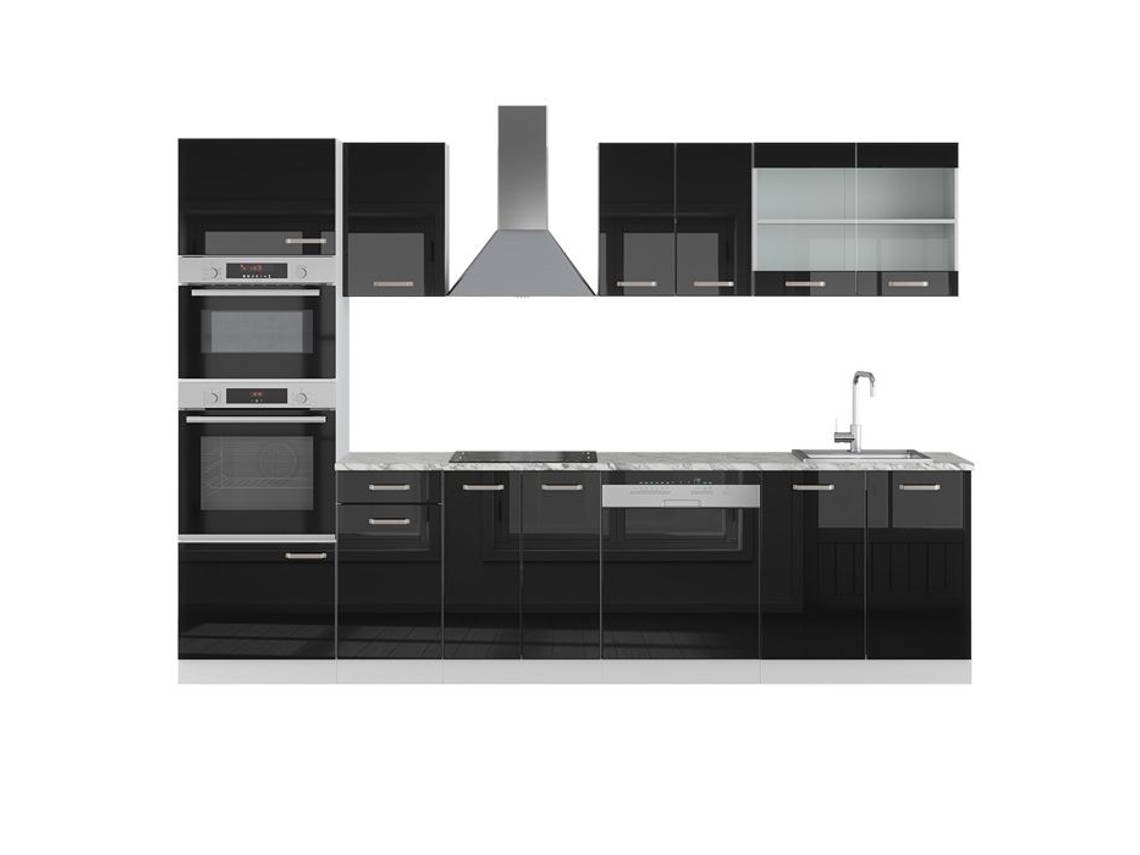 Cozinha R-Line, 300 cm com armário alto, Mármore PT, Preto Alto Brilho, Vicco
