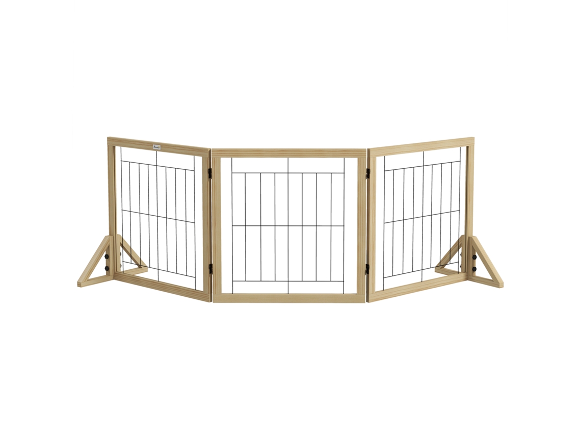 Borracha Dobrável para Cachorro com 3 Painéis e Pés Triangulares. 210x70 Cm. Madeira Natural Ge