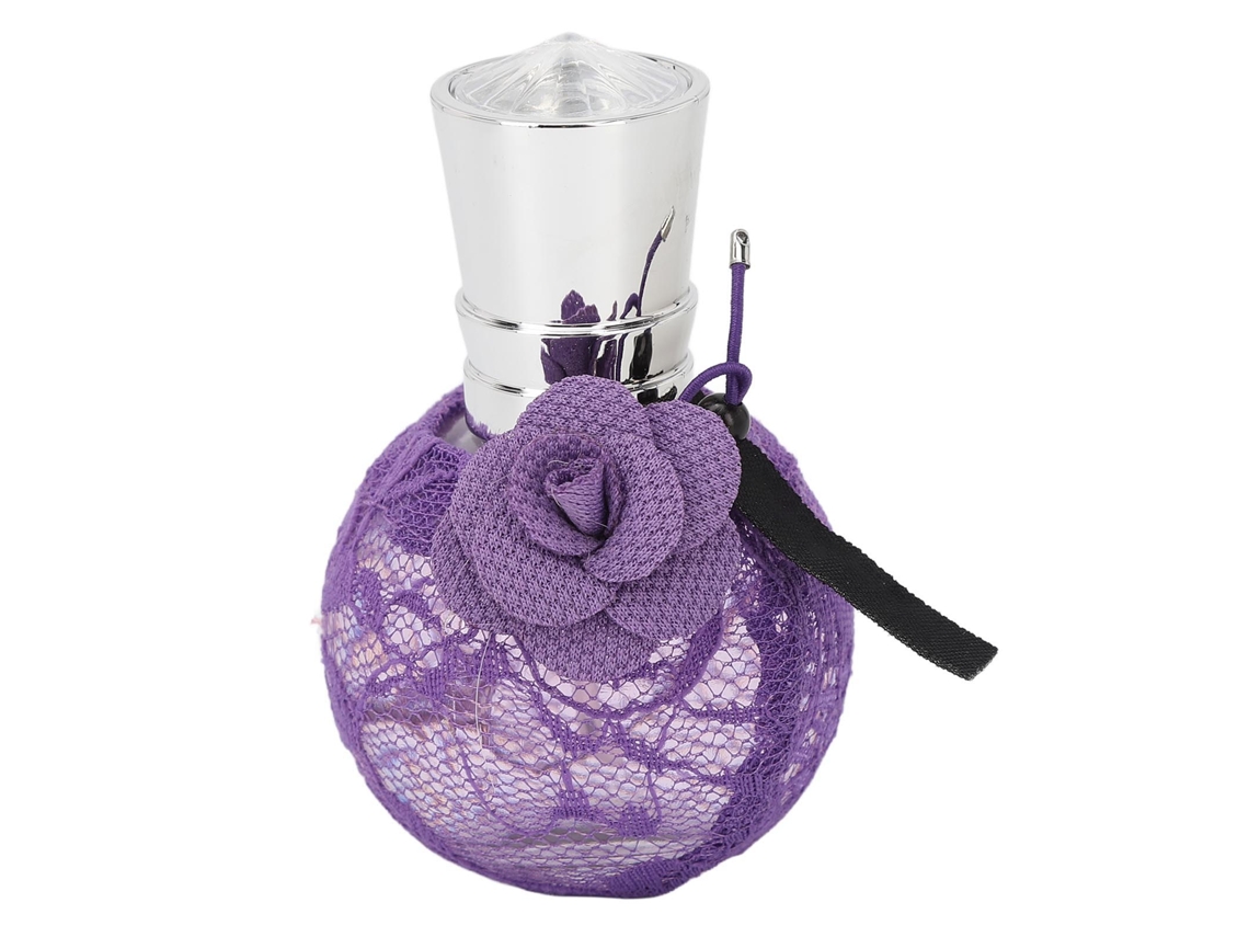 Perfume de longa duração com rosas e renda roxa para mulheres.
