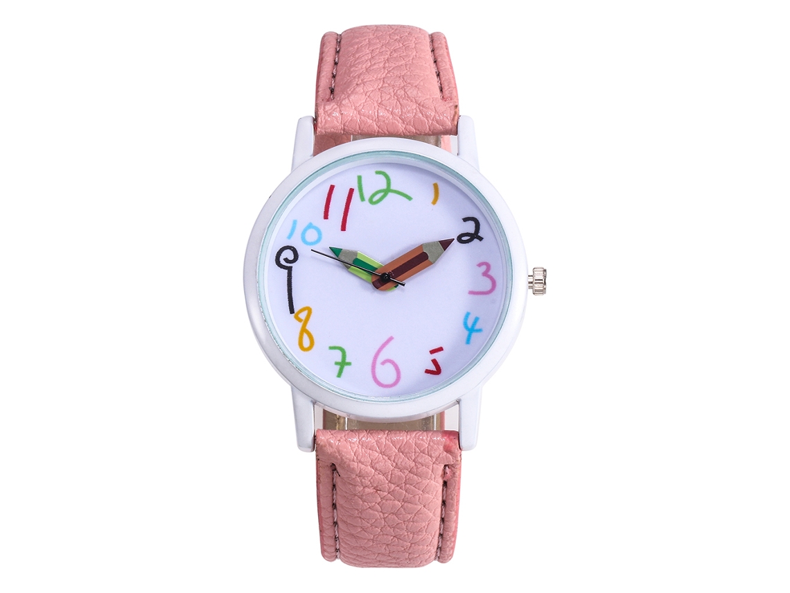 Relógio infantil de quartzo com pulseira de PU e ponteiro de lápis, caixa branca, rosa.