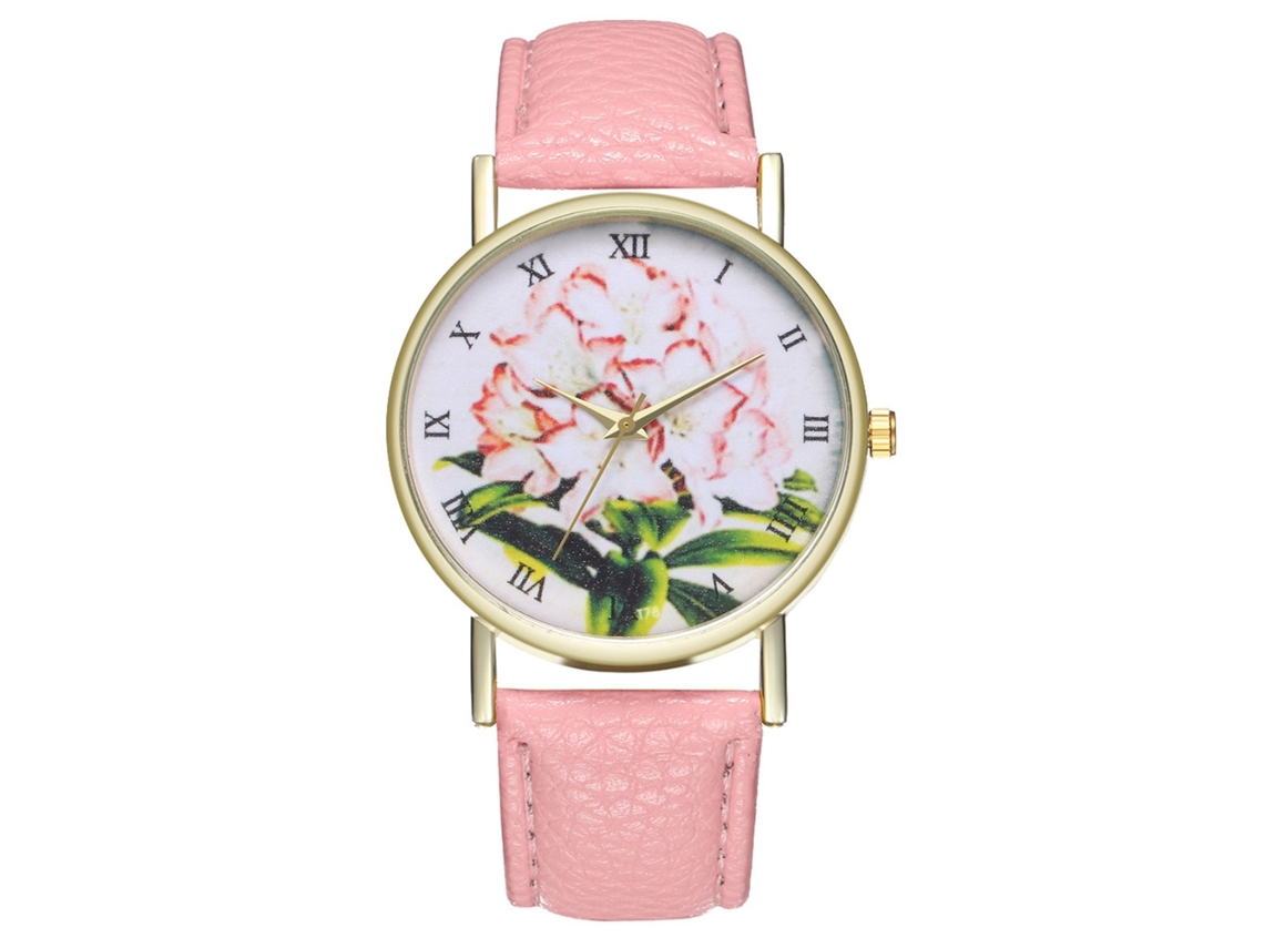 Relógio de pulso de quartzo elegante com pulseira de couro e estampa de plantas (rosa)