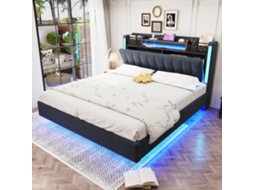 Cama 140x200 Suspensa Linho Cinza Led Usb Armário Cabeceira