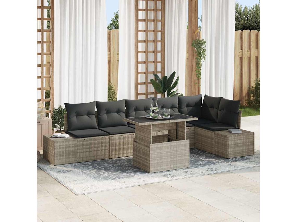 Vidaxl Conjunto De Sofá De Jardim 7 Pcs Cinzento-claro Vime Pe