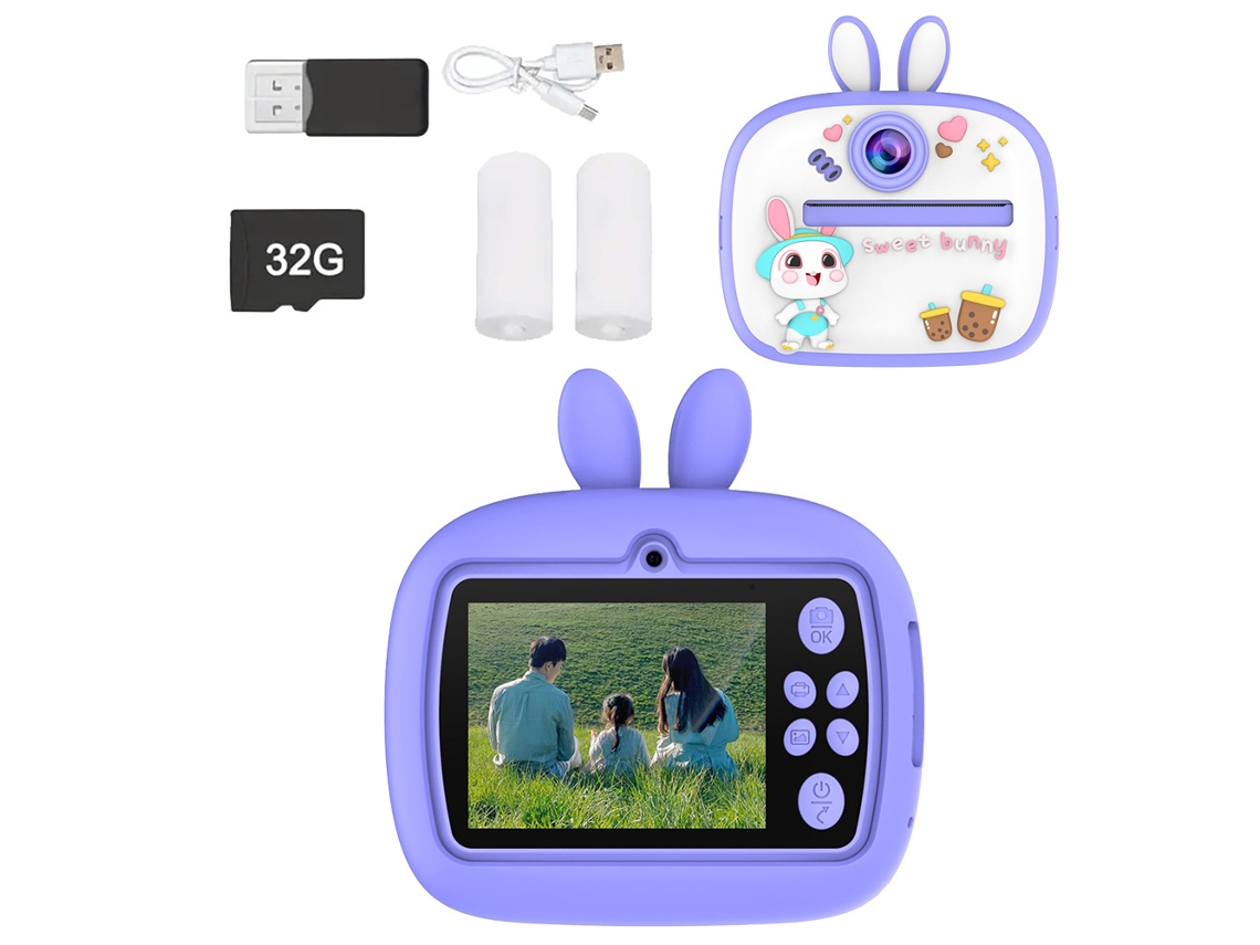 Câmera Infantil de Impressão Instantânea YUNZII (coelho Roxo + Cartão de Memória de 32 Gb)