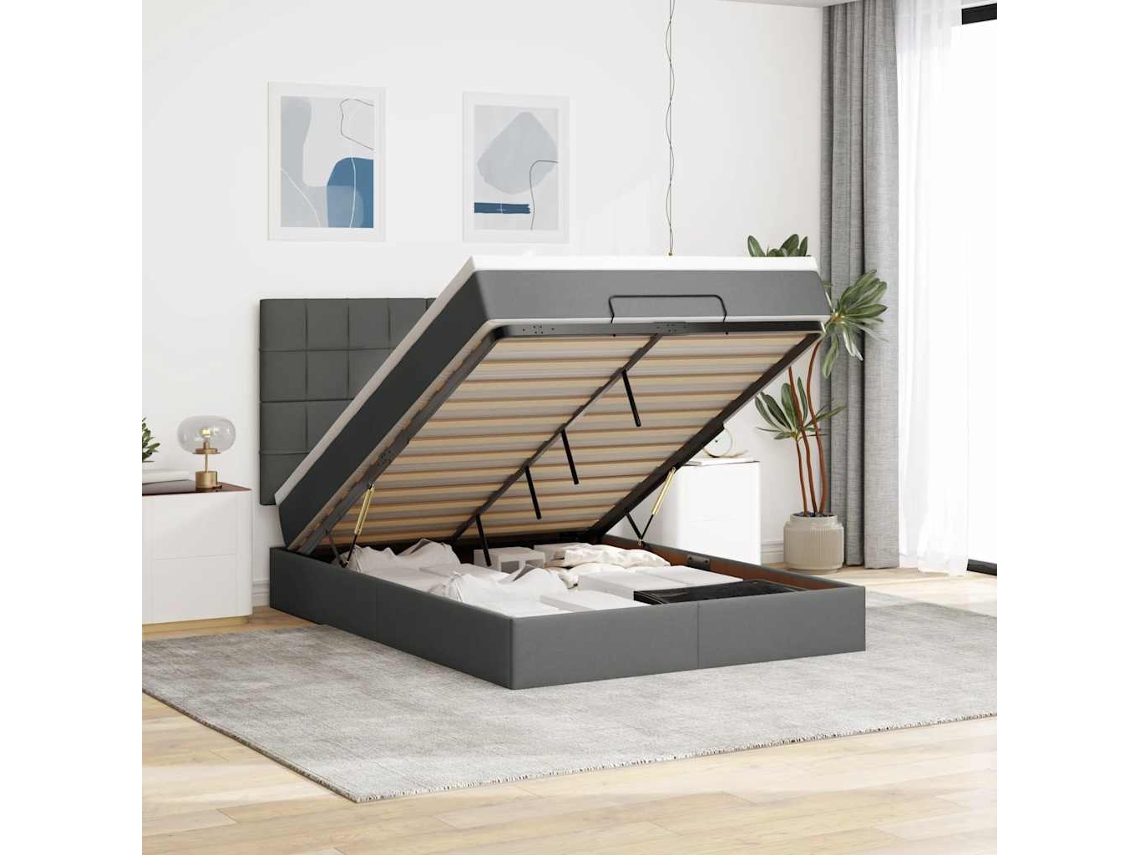 Vidaxl Estrutura Cama Otomana Colchão 140x200cm Tecido Cinzento Escuro