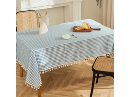 Toalha de Mesa Pastoral Retangular de Renda com Borla Xadrez de Algodão e Cânhamo para Casa de Fazenda Retângulo 55 X 70 Pol. Azul Claro