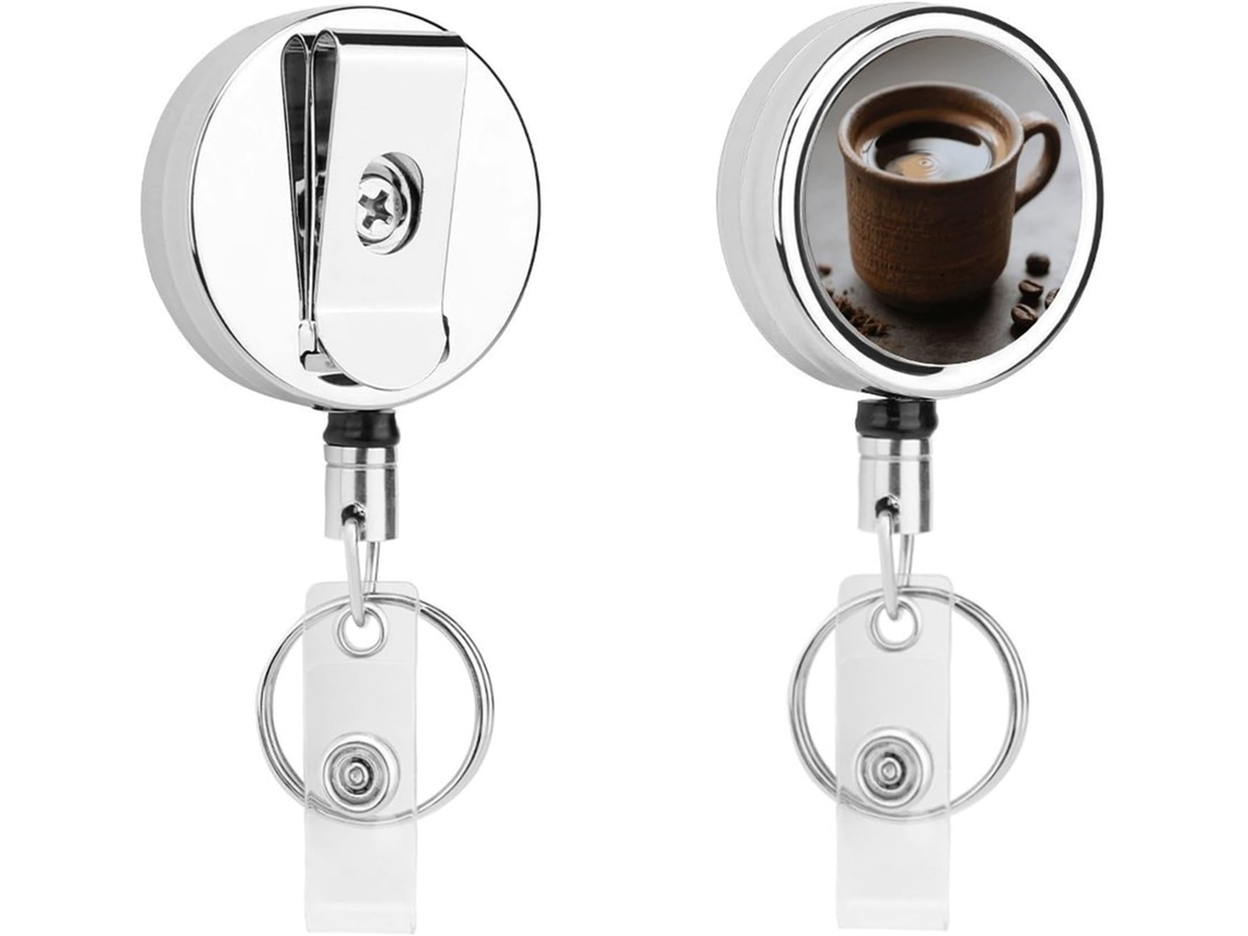 Chaveiro Retrátil Redondo Em Formato De Xícara De Café E Grão De, Em Aço Inoxidável, Clipe De Metal Resistente Para