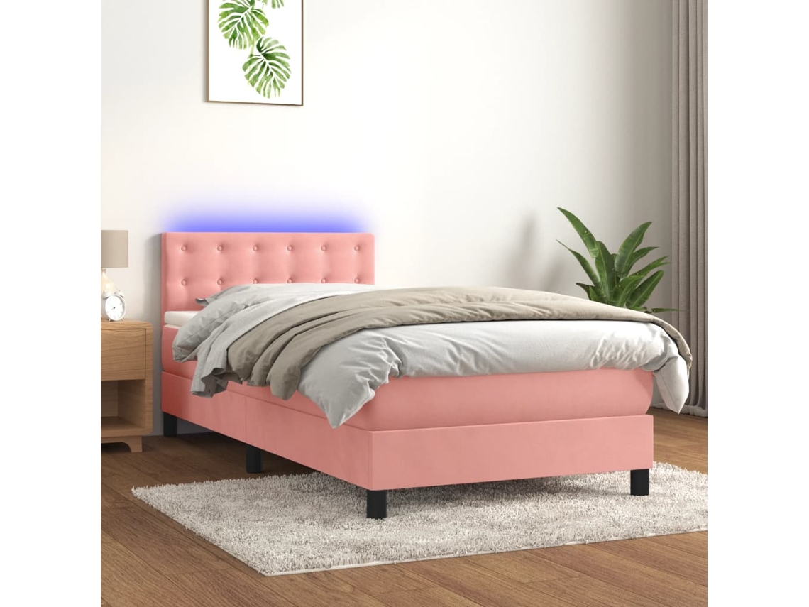 Cama De Solteiro | Camas Para Quarto | Cama Box Spring C/ Colchão/led 90x200 Cm Veludo Rosa