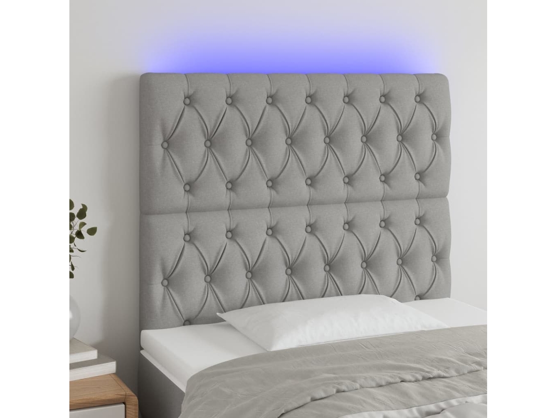 Cabeceira cama c/ luzes LED tecido 90x7x118/128cm cinza-claro