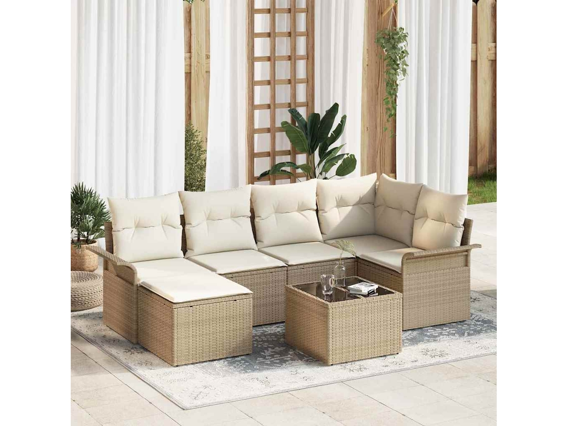 Vidaxl Conjunto De Sofá De Jardim Com Almofada 7 Pcs Bege Vime Pe