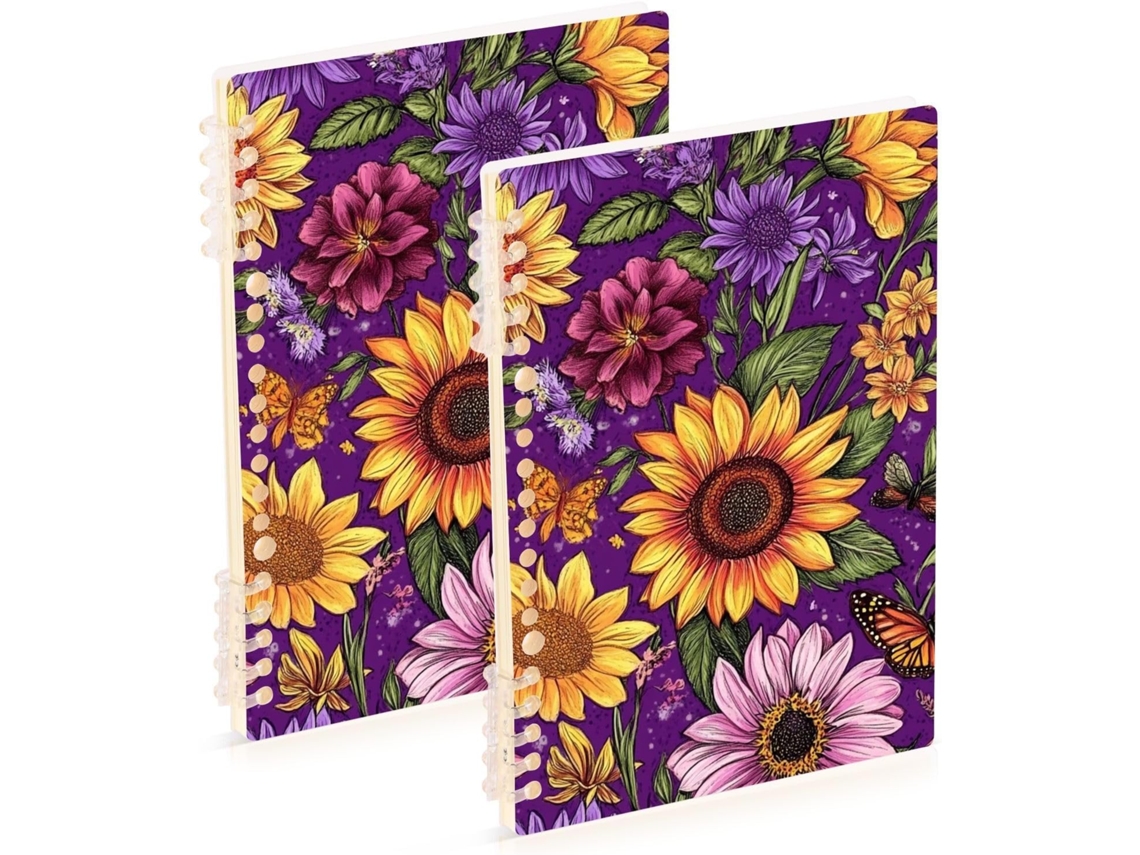 Conjunto de 2 Cadernos Pautados, Tamanho A5 Estampa Flores Outono e Girassóis 21,1 X 14,5 Cm Resistentes 60