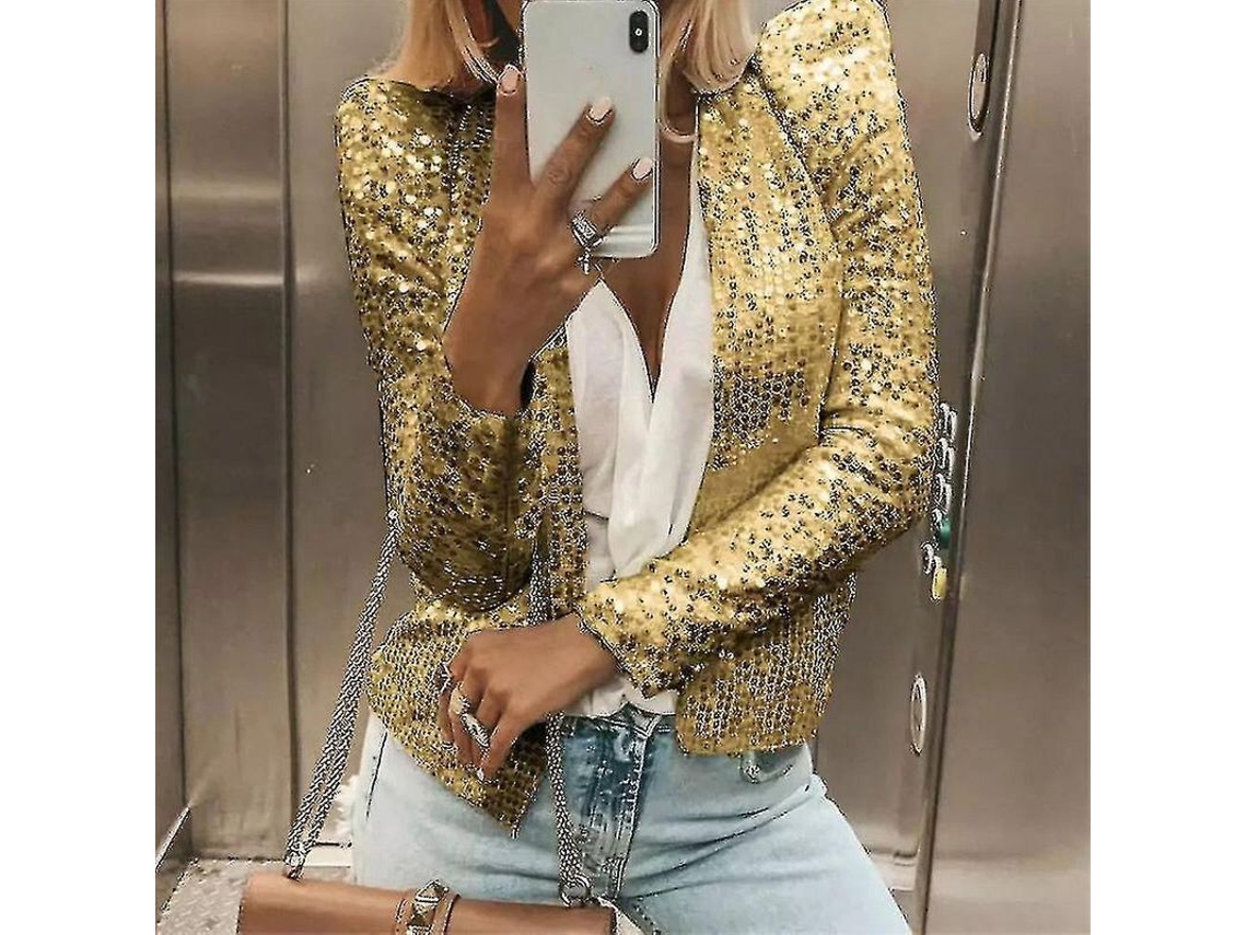 2026 jaqueta Casual para Mulher com Mangas Longas e Strass Brilhantes, Abertura Frontal e Cropped