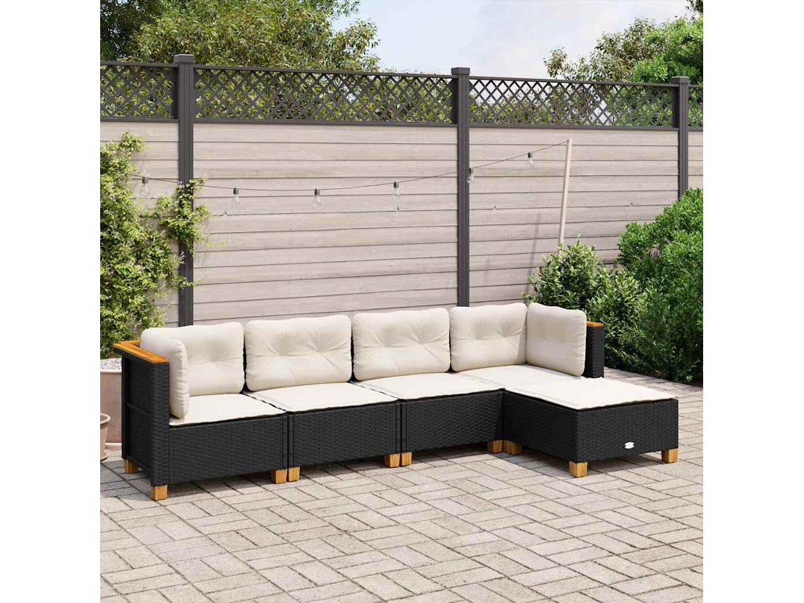 Vidaxl 5 Pcs Conjunto Sofás De Jardim Com Almofadões Vime Pe Preto