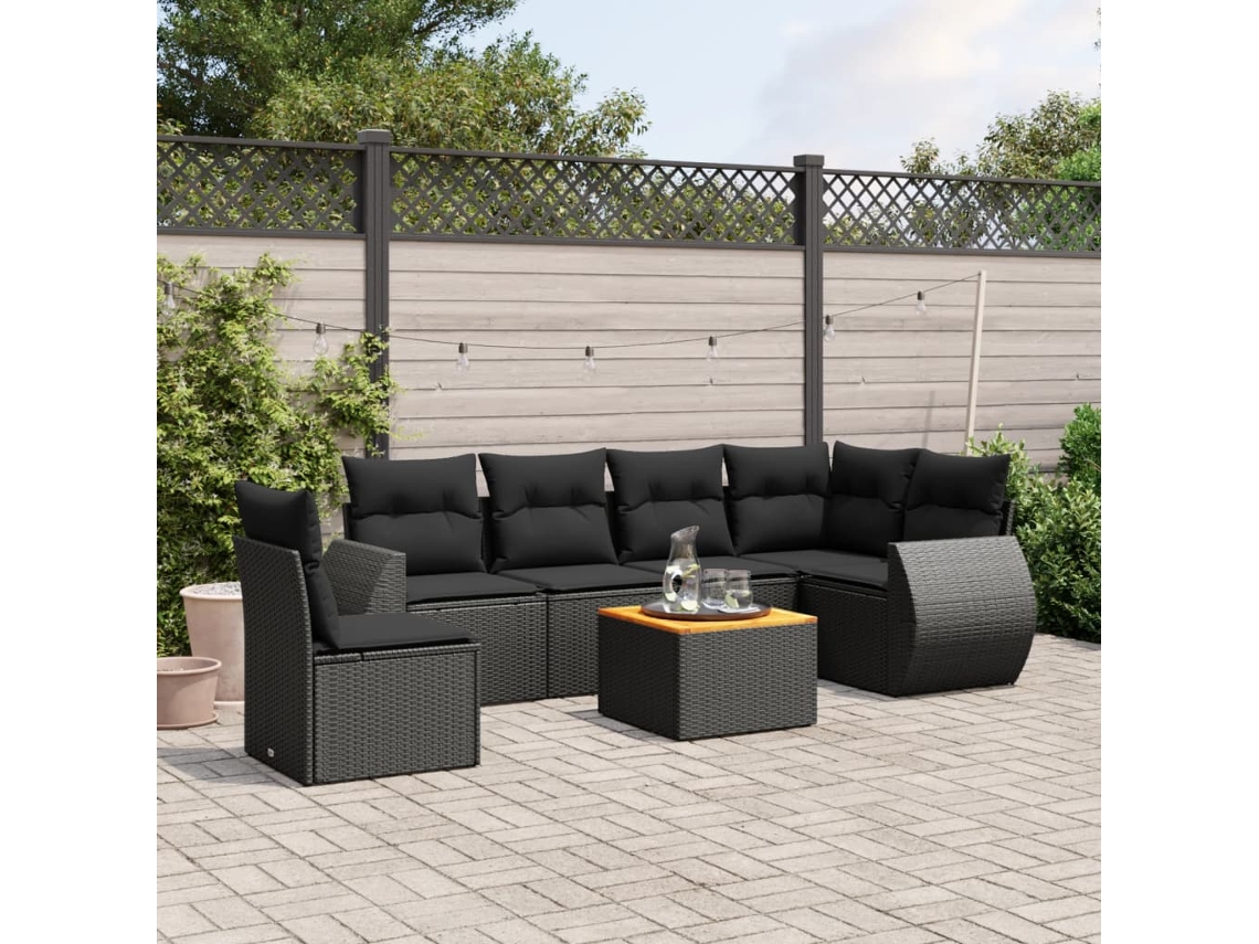 7 Pcs Conjunto De Sofás P/ Jardim C/ Almofadões Vime Pe Preto Dkd Home Decor
