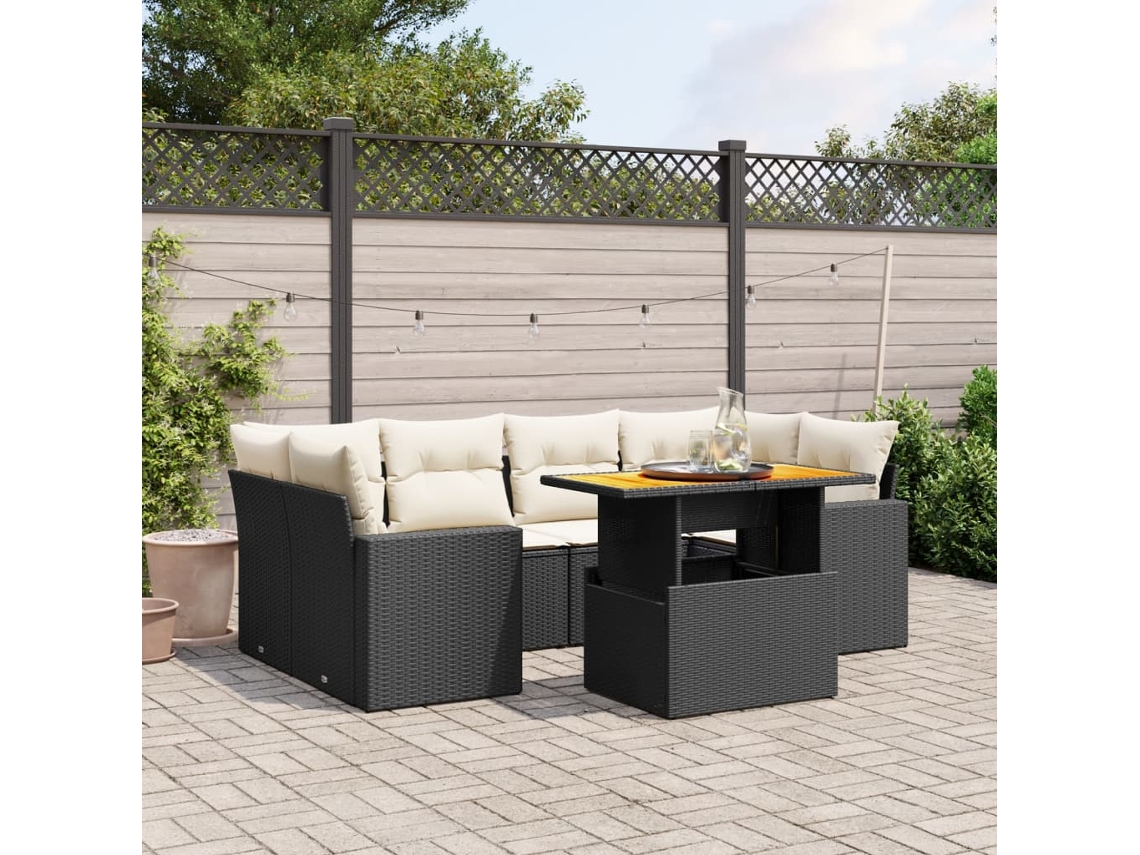 7 Pcs Conjunto De Sofás P/ Jardim C/ Almofadões Vime Pe Preto Dkd Home Decor
