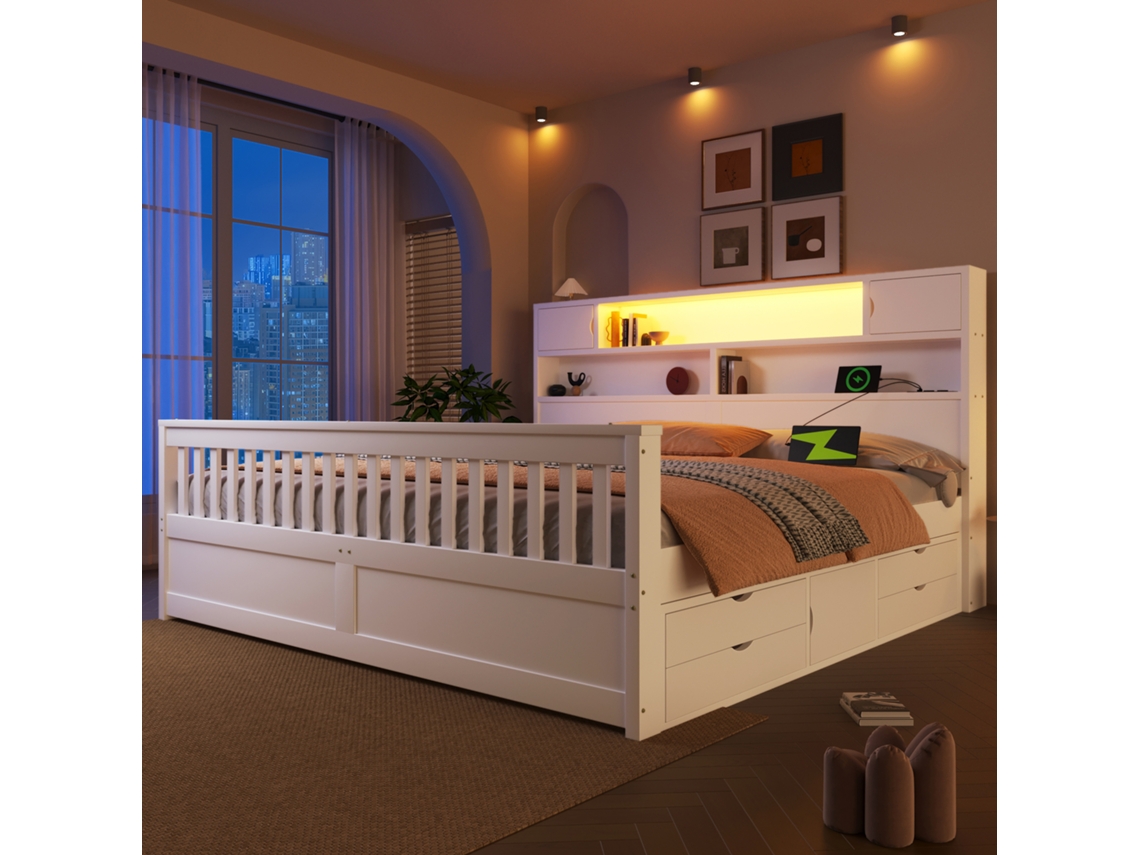 Cama De Plataforma 180 X 200 Cm - Com Prateleiras De Arrumação, Iluminação Led, Porta Usb E Quatro Gavetas - Branco