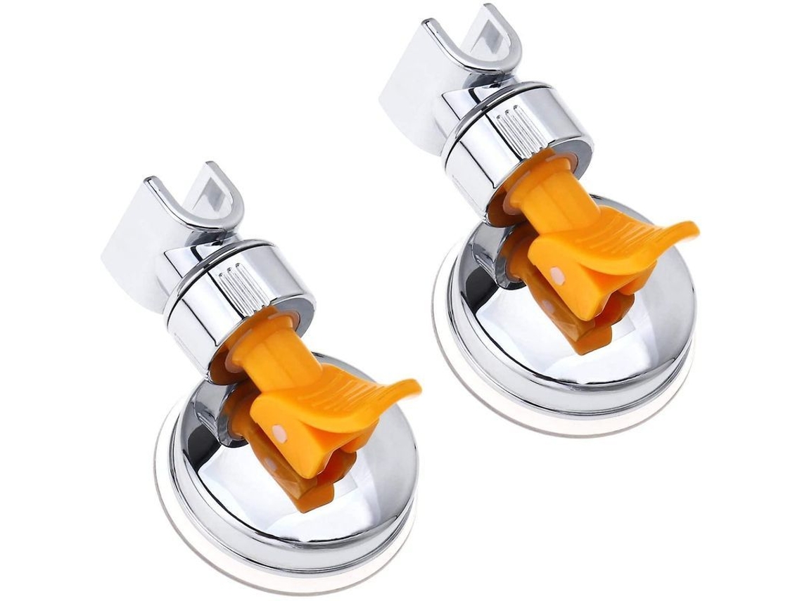Suporte de chuveiro com ventosa universal ajustável para banheiro, cromado e plástico resistente.