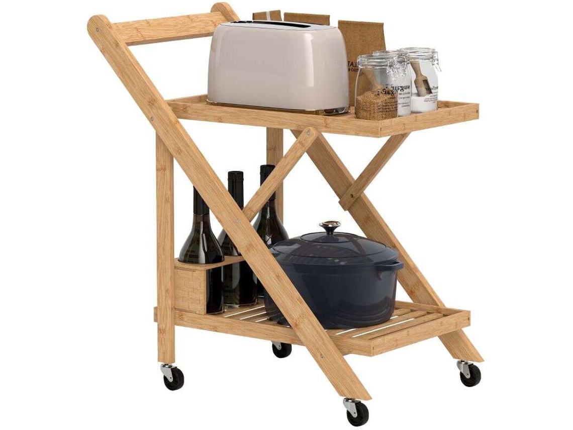 Carro de Cozinha BAGOLY Dobrável em Bambu com 2 Prateleiras, 4 Rodas e 3 Suportes para Vinhos (66x40x70 cm)