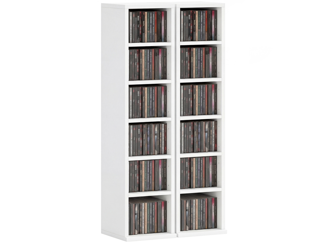 Conjunto 2 Prateleiras 204 Cds, Suporte Torre Blu-ray C/ Prateleiras Ajustáveis, Organizador, Branco