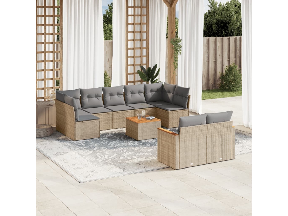 Vidaxl 10 Pcs Conj. Sofás Jardim C/ Almofadões Vime Pe Bege Misturado