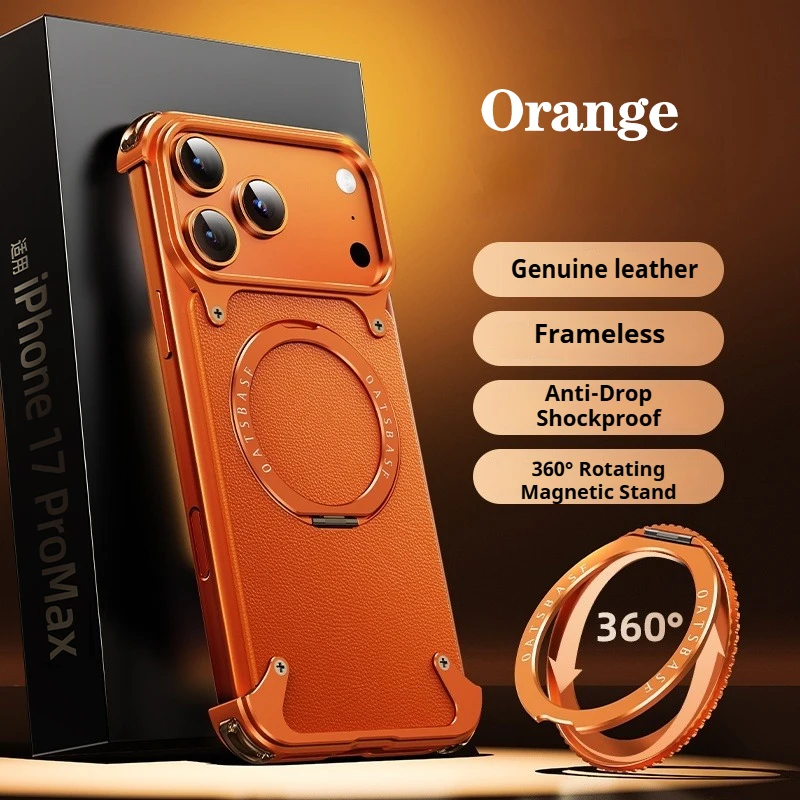 Capa Para Celular Em Couro Genuíno Laranja, Compatível Com Magsafe, Com Suporte Magnético Giratório De 360°.