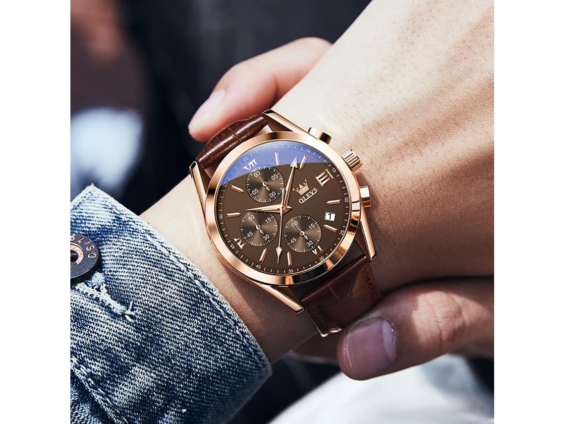 Lurelia Relógio Cronógrafo Masculino, Movimento De Quartzo, Analógico, Data/calendário, Luminoso, Couro, Resistente À Água 30m, Dourado, Castanho