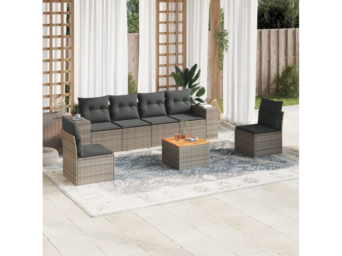 Vidaxl 7 Pcs Conjunto Sofás P/ Jardim C/ Almofadões Vime Pe Cinzento