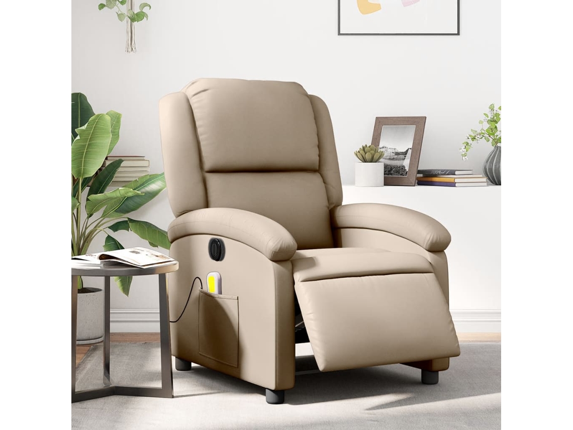 Vidaxl Poltrona Massagens Reclinável Elétrica Couro Artif. Cappuccino