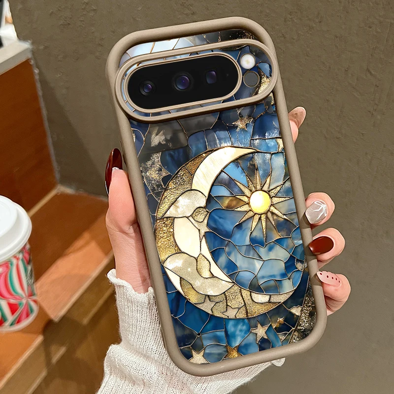 (café) Capa Para Celular Google Pixel 10 Com Estampa Retrô De Sol E Lua, Tpu Macio À Prova De Choque