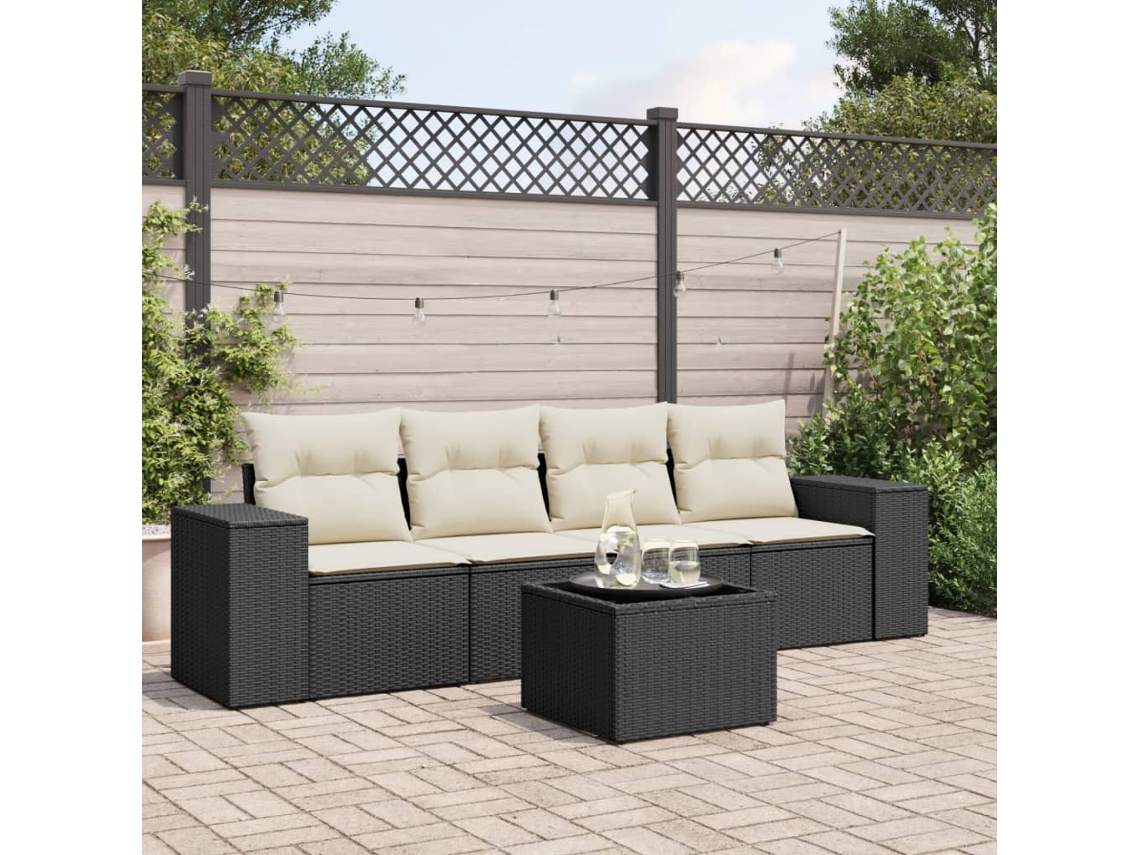 Vidaxl 5 Pcs Conjunto Sofás De Jardim Com Almofadões Vime Pe Preto