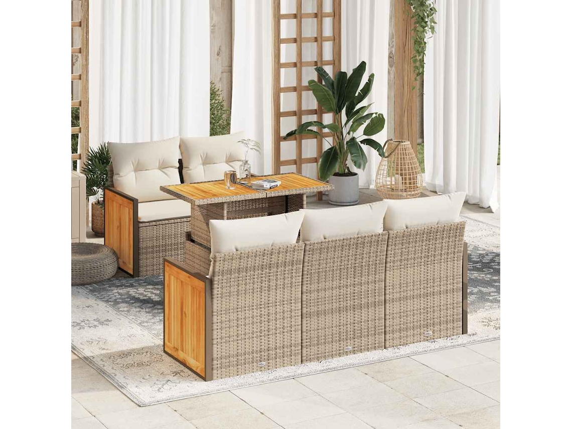 Vidaxl 6 Pcs Conjunto Sofás Jardim Com Almofadões Vime Pe/acácia Bege