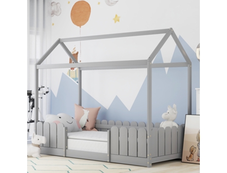 Cama de Casa 90X200 Cm Cama de Madeira Versátil para Meninos e Meninas com Proteção Anti-Queda e Base de Ripas Cinzento Sem Colchão YUETOPP