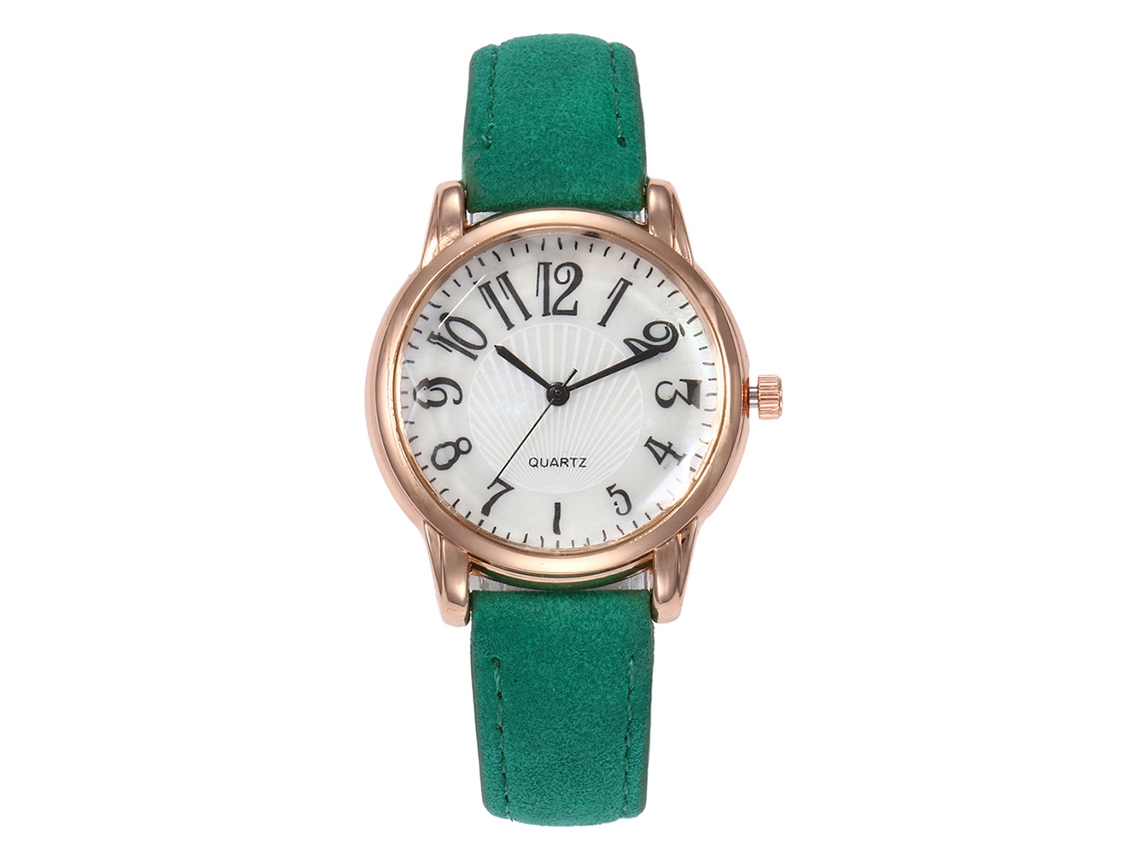 Relógio de Pulso Feminino Vansvar com Pulseira Pu e Dial Redondo Números Árabes Verde